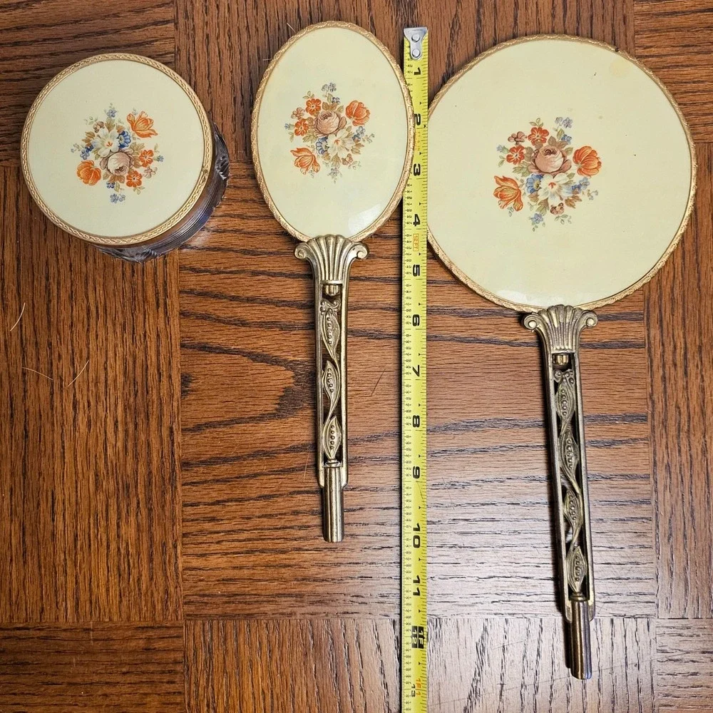 Vintage 3pc Vanity Set Floral‎ Enamel Gold Filigree Mirror Brush Crystal Jar